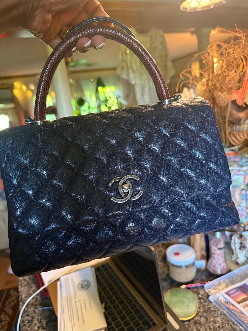 CHANEL Black Quilted Top Handle Satchel with Brown Handle